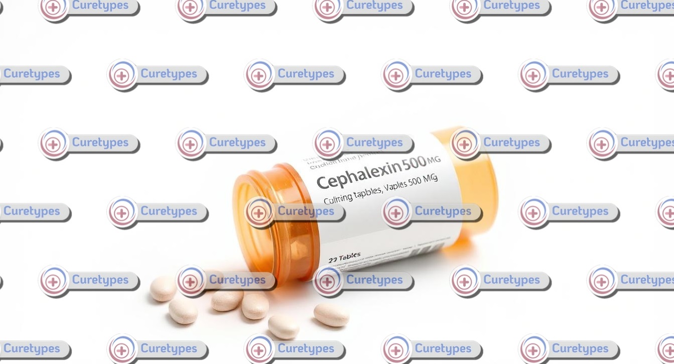 A bottle of Cephalexin capsules, an antibiotic used to treat bacterial infections, displayed with dosage information, available on CureTypes.com.