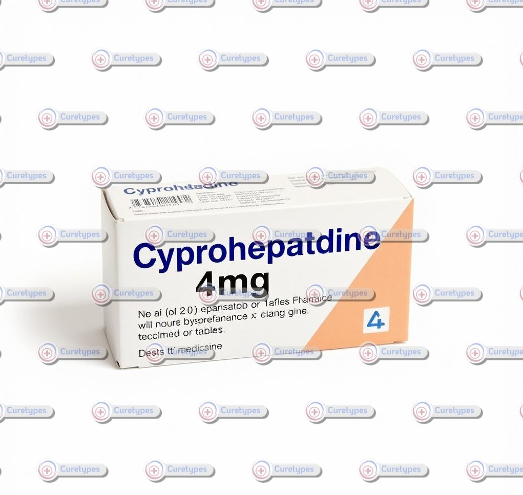 A bottle of Cyproheptadine tablets, an antihistamine used for allergy relief and appetite stimulation, displayed with clear dosage instructions, available at CureTypes.com.