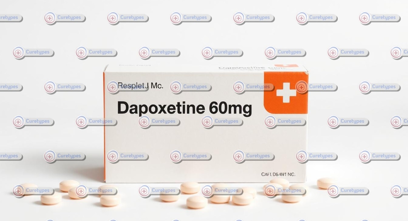 A bottle of Dapoxetine tablets, a medication used for treating premature ejaculation, displayed with dosage information, available at CureTypes.com.