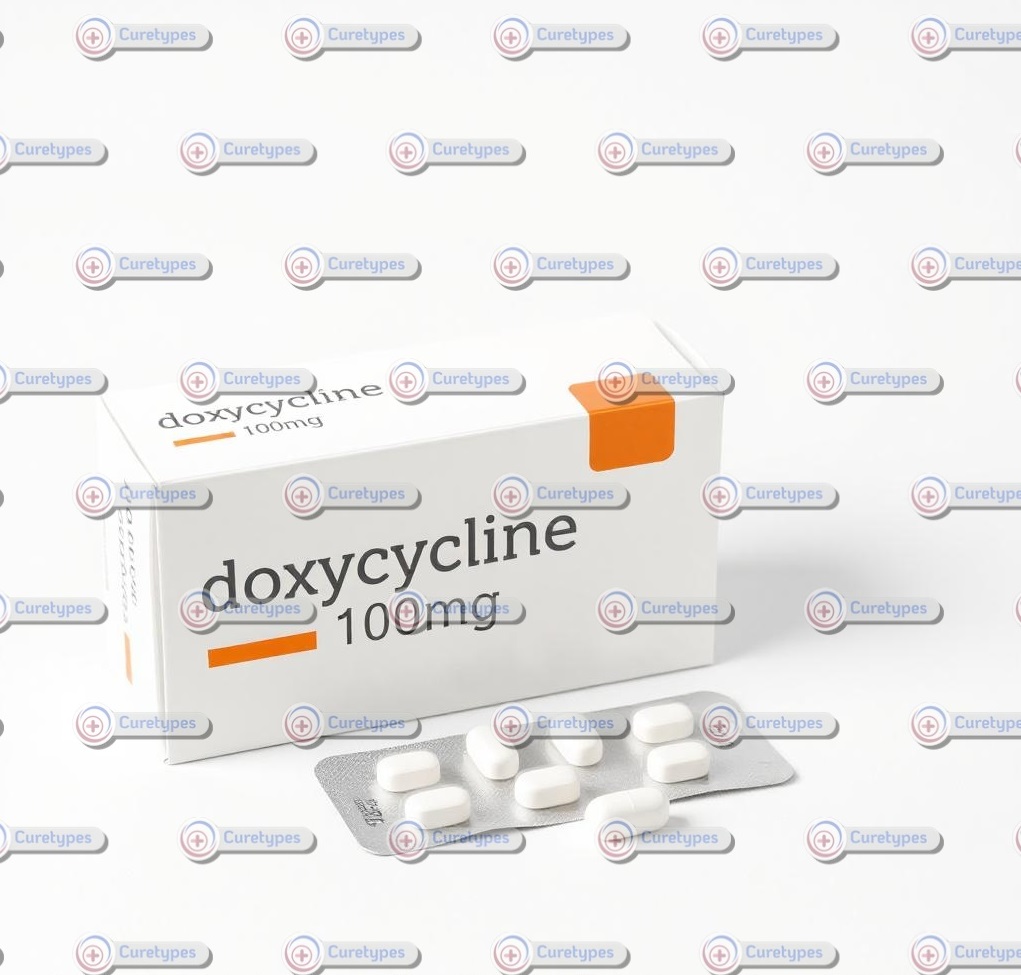 A bottle of Doxycycline capsules, an antibiotic used to treat various bacterial infections, displayed with dosage information, available at CureTypes.com.