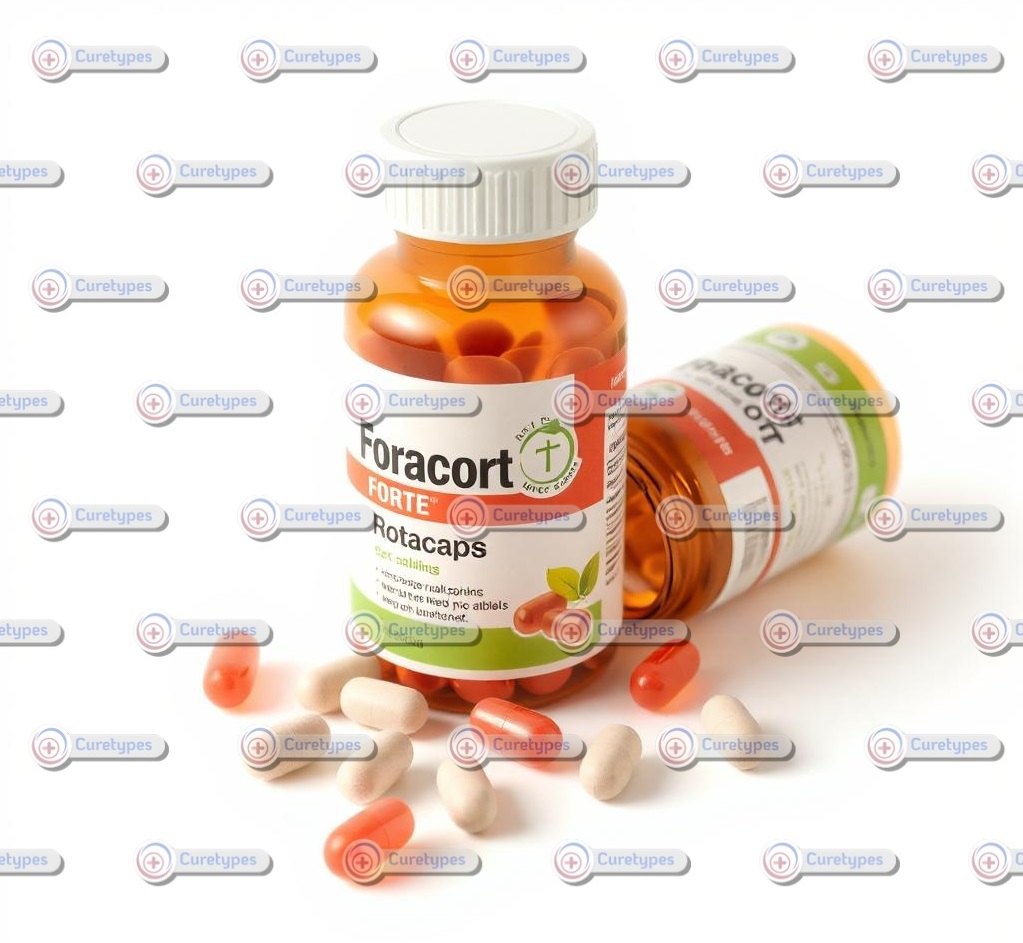 A box of Foracort Forte Rotacaps containing Formoterol and Budesonide, used for the treatment of asthma and COPD. The package displays the brand name "Foracort Forte," the dosage information, and is available through Sanford Pharmacy.