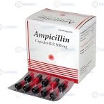 Bottle of Ampicillin capsules for treating bacterial infections.