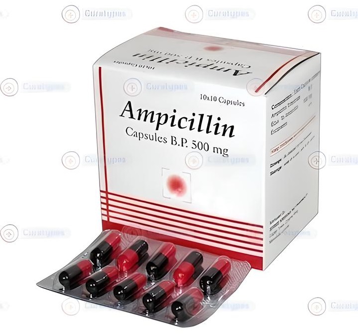 Bottle of Ampicillin capsules for treating bacterial infections.