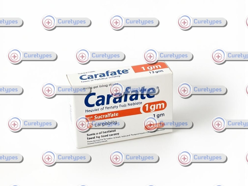 A bottle of Carafate (Sucralfate) suspension, an oral medication for treating and preventing ulcers, available at Sanford Pharmacy. The label displays dosage details.