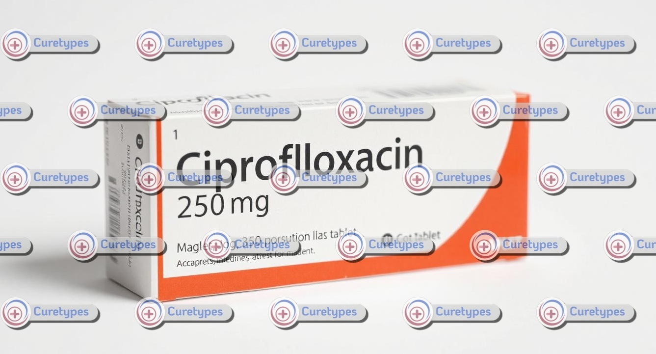 A bottle of Cipro (Ciprofloxacin) tablets, an antibiotic used to treat bacterial infections, displayed with dosage information, available on CureTypes.com.