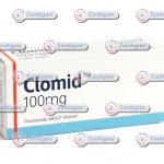 A bottle of Clomid (Clomiphene Citrate) tablets, a medication used to treat infertility in women, displayed with dosage information, available on CureTypes.com.