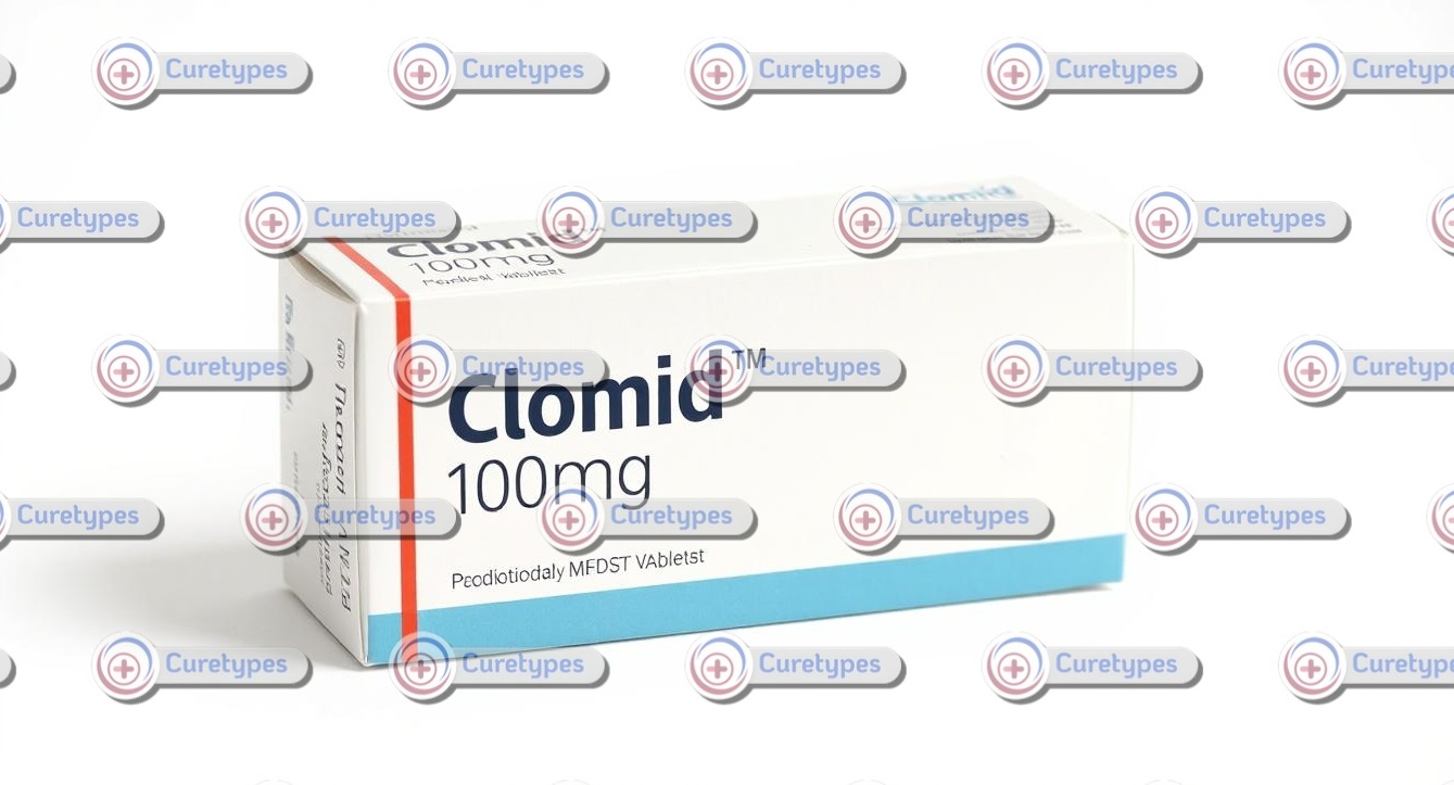 A bottle of Clomid (Clomiphene Citrate) tablets, a medication used to treat infertility in women, displayed with dosage information, available on CureTypes.com.