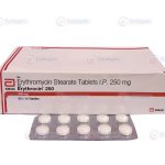 Bottle of Erythromycin tablets, an antibiotic used for treating bacterial infections.