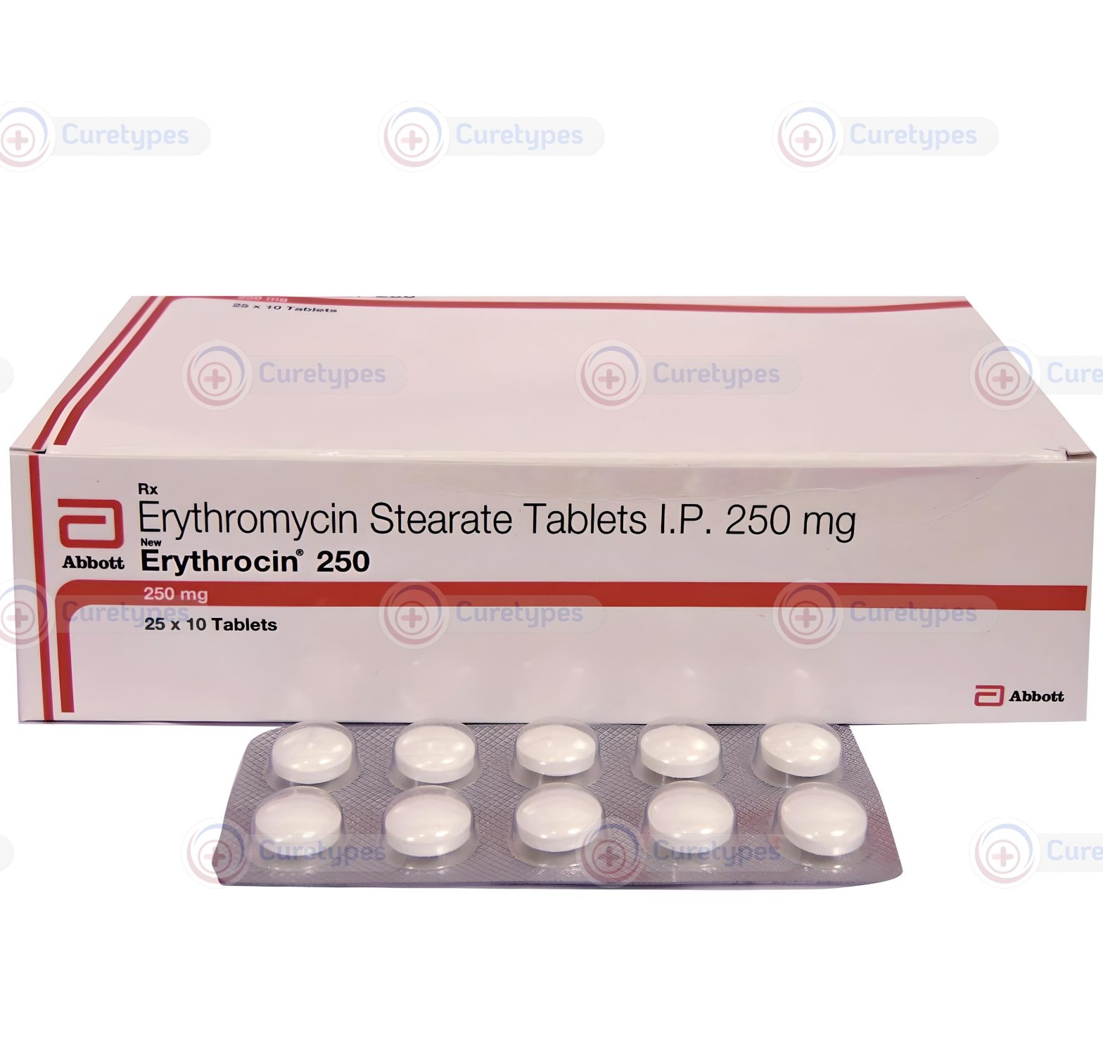 Bottle of Erythromycin tablets, an antibiotic used for treating bacterial infections.