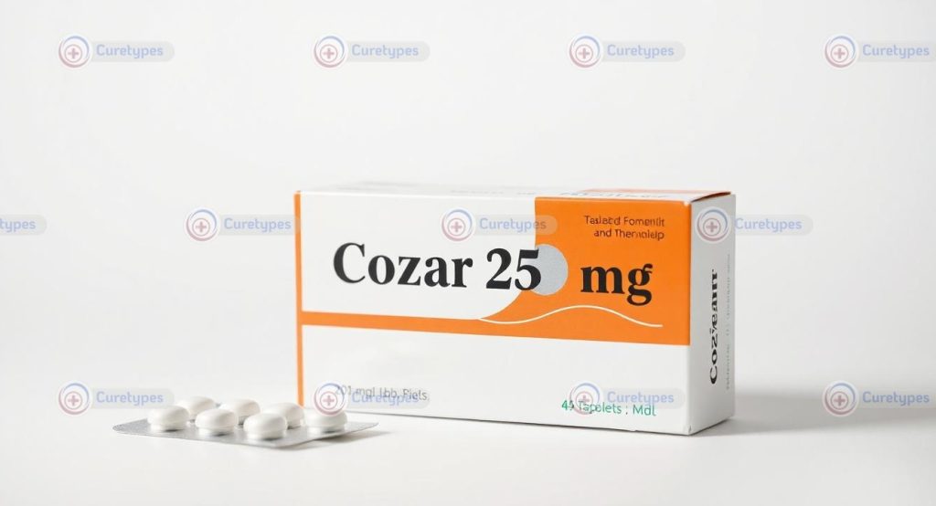 Image of Cozaar tablets with losartan, used to treat high blood pressure and protect kidney function.