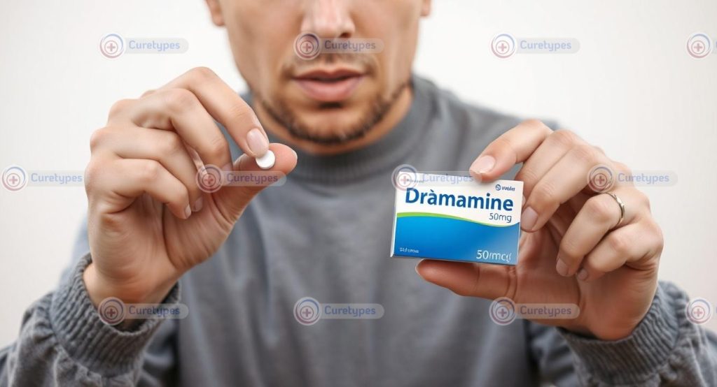 Image of Dramamine packaging, containing dimenhydrinate, effective for motion sickness relief.