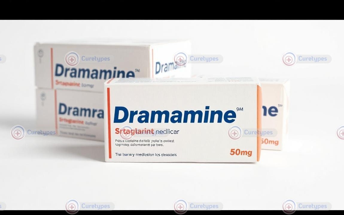 Image of Dramamine packaging, containing dimenhydrinate, effective for motion sickness relief.