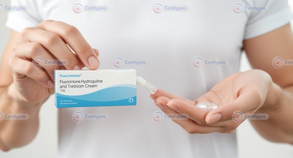 Image of Triluma cream with fluocinolone, hydroquinone, and tretinoin for skin discoloration treatment.