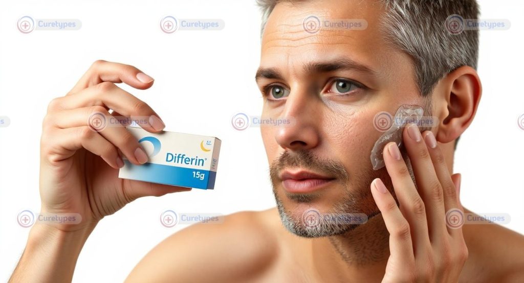 Image of Differin gel containing adapalene, used to treat acne by promoting skin renewal.